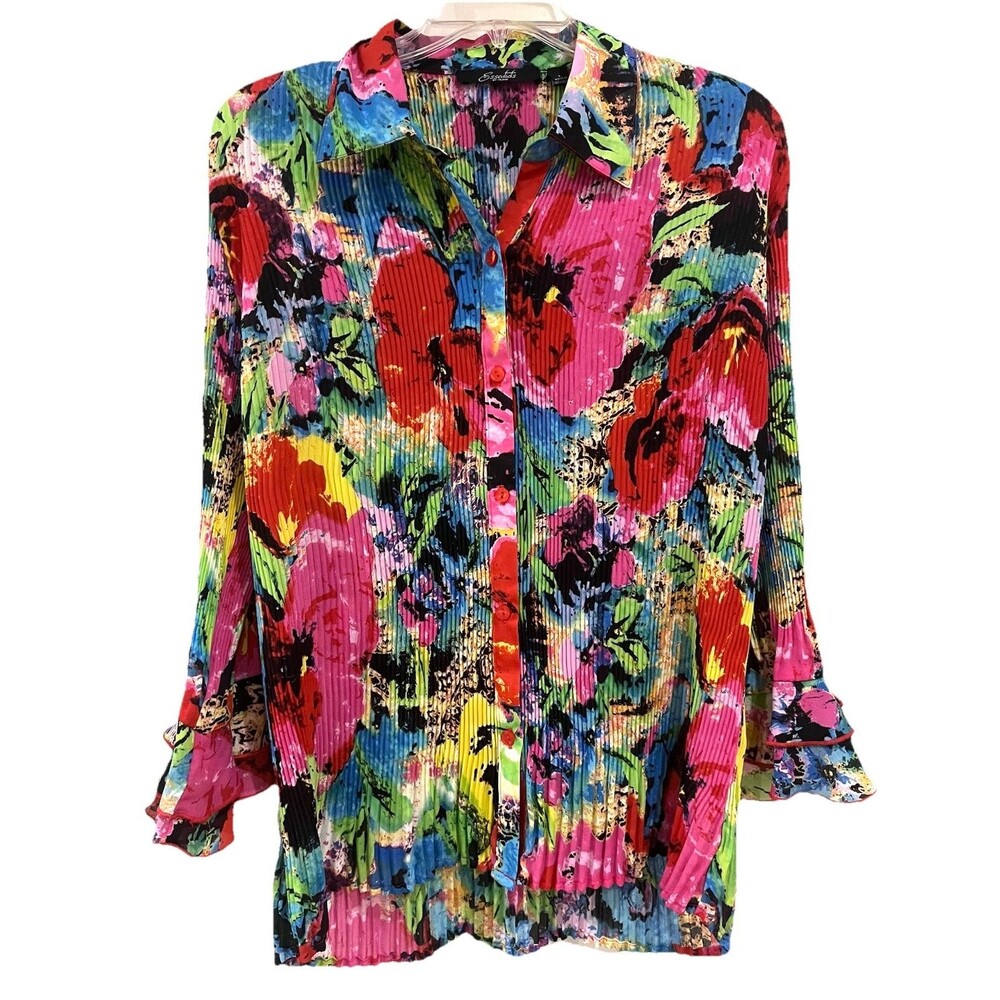Vintage Y2K Essentials By Milano Colorful Accordion Pleat Blouse Bell Sleeves L